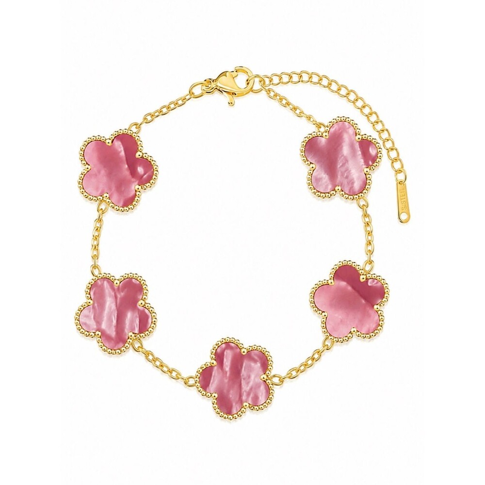 18K Gold Pink Clover Bracelet Mother of Pearl Flower Link Bracelet 6.5-8.5 Charm